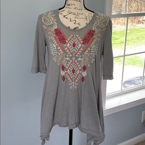 Johnny Was Grey Embroidered Elbow Sleeve Tunic